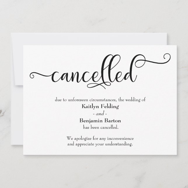 Stornierungskarte für die Hochzeitskalligrafie Einladung (Vorderseite)