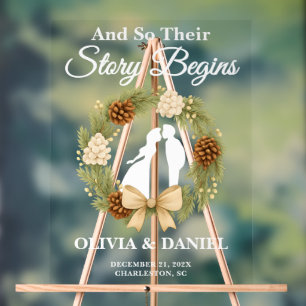 Story Begins Pine Greenery Wreath Wedding Willkomm Acrylschild