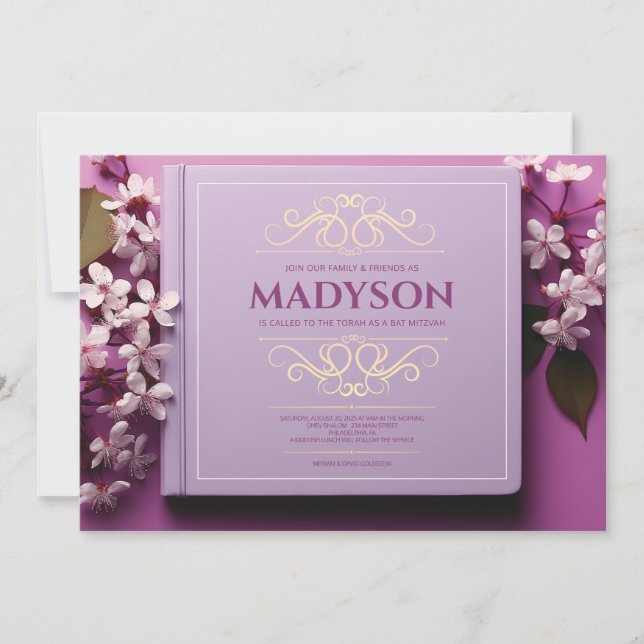 Story Book Cover Lavender Bat Mitzvah Party Einladung (Vorderseite)