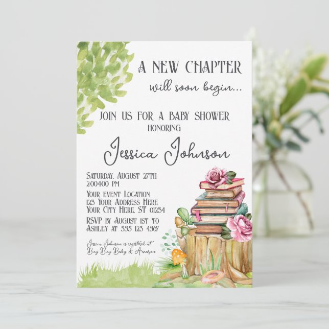 Storybook Baby Shower Einladung Neues Kapitel Buch (Stehend Vorderseite)