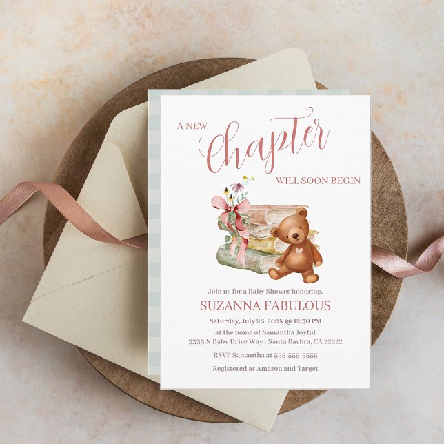 Storybook Baby Shower Neues Kapitel beginnt Einladung (New Chapter Will Soon Begin. Cute storybook and stuffed brown bear. Perfect for your Baby Shower)