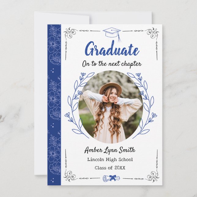 Storybook Blooms Abschluss Foto Card, Royal Blue Einladung (Vorderseite)