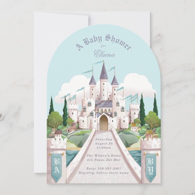 Storybook Castle Illustriert Blue Baby Dusche Einladung (Vorderseite)