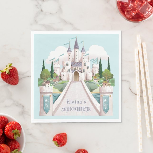 Storybook Castle Illustriert Blue Baby Dusche Serviette (Beispiel)