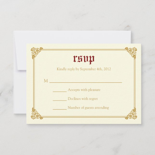 Storybook Fairytale Wedding RSVP Card - Rot/Gold (Vorderseite)