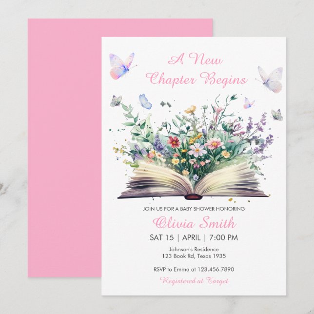 Storybook Floral Pink Ein neues Kapitel Kinderdusc Einladung (Vorne/Hinten)