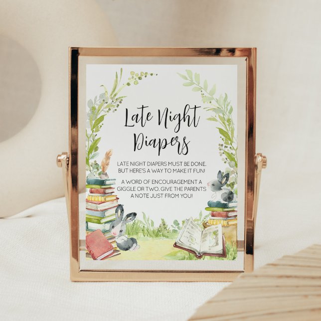 Storybook Neues Kapitel Späte Nacht Windeln Poster (Vintage Storybook Rabbit Baby Shower Late Night Diapers Sign)