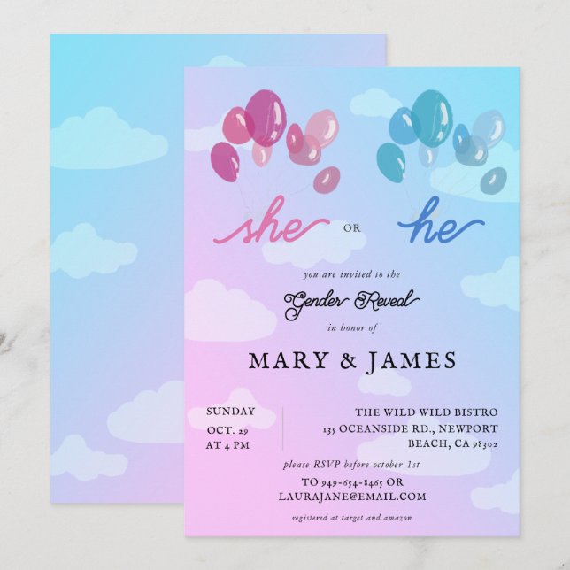 Storybook Niedlich Balloons Wolken Gender Reveal P Einladung (Vorne/Hinten)