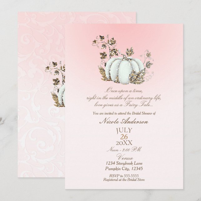 Storybook Pink White Pumpkin Fairy Tale Bridal Einladung (Vorne/Hinten)