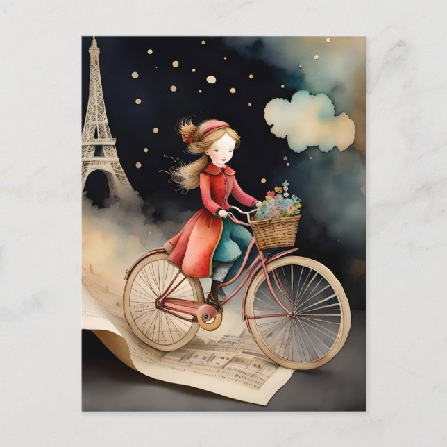 Storybook Watercolor Paris Fahrradtour Postkarte (Vorderseite)