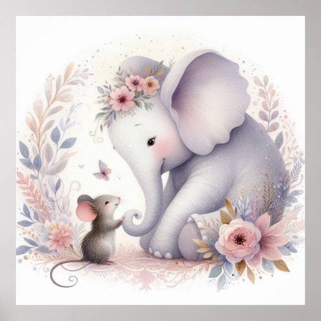 Storybook Woodland Babies Elefanten und Maus Poster (Vorne)