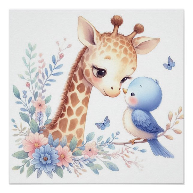 Storybook Woodland Babies Giraffe und Blauer Vogel Poster (Vorderseite)