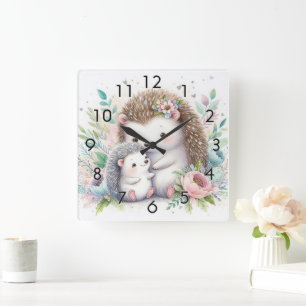 Storybook Woodland Babies Igel Liebe Quadratische Wanduhr