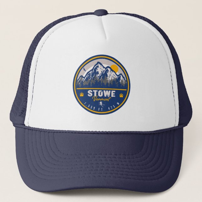 Stowe Mountain Vermont Retro Sunset Ski Souvenir Truckerkappe (Vorderseite)