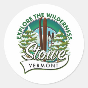 Stowe Vermont, Erkunde das Wilderness-Skiplakat. Runder Aufkleber