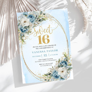 Strahlend staubblaues florales Sweet Sixteen Gebur Einladung