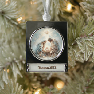 Strahlende Heilige Familie Weihnachtsszene Banner-Ornament Silber