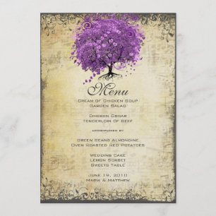 Strahlende Lila-Herzblatt-Baum-Hochzeit Menükarte