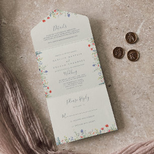 Strahlende mehrfarbige Wildblumen-Hochzeit All In One Einladung