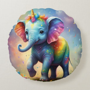 Strahlende Wunder: Das Regenbogen-Baby-Einhorn-Ele Rundes Kissen