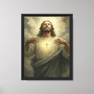 Strahlender Jesus mit leuchtendem Kreuz Kunst Leinwanddruck