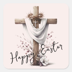 Strahlendes Osterkreuz mit floralen Akzenten Quadratischer Aufkleber