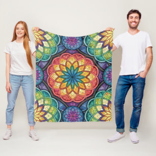 Strahlendes Regenbogen-Mandala-Mosaik – Buntglas Fleecedecke