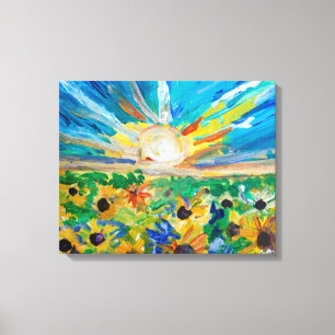 Strahlendes Sonnenblumenfeld-Sonnenuntergangsbild Leinwanddruck