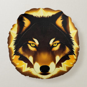 Strahlendes Wolfsgesicht, beleuchtet von goldenem  Rundes Kissen