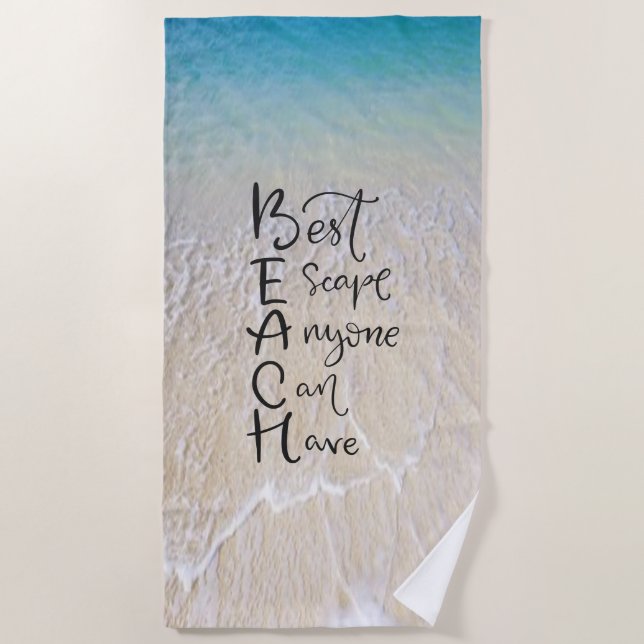 STRAND Akronym-Spaß-Schriftart mit Ozean-Wellen an Strandtuch (Vorderseite)