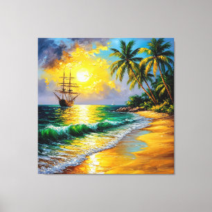 Strand am Sonnenaufgang mit Segelschiff Leinwanddruck