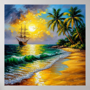 Strand am Sonnenaufgang mit Segelschiff Poster