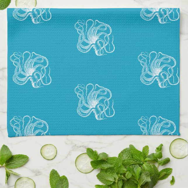 Strand Aqua Blue White Octopus Geschirrtuch (Gefaltet)