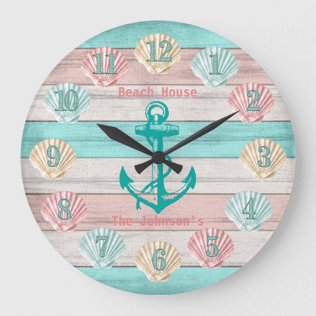 Strand Aquamarin und Korallen Seashells & Anchor Große Wanduhr (Vorderseite)