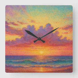 Strand bei Sonnenuntergang im Pastellstil - Maleri Quadratische Wanduhr