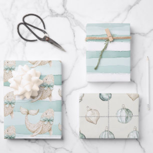 Strand Blau Küsten Weiße Wal Streifen Weihnachten Geschenkpapier Set