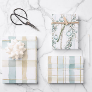 Strand Blau Weiße Creme Karierte Weihnachtsdekorat Geschenkpapier Set