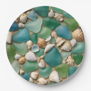 Strand Blaues und Grünes Meeresglas und Muscheln Pappteller