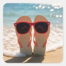 Strand Flip-Flops mit roter Sonnenbrille Quadratischer Aufkleber