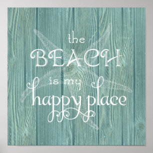 Strand-glückliches Platzstarfish-Aqua-Holz-Plakat Poster