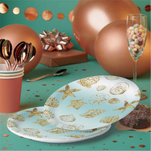 Strand Gold Meeresschnecken Aqua Blau Ombre Pappteller