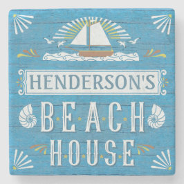 Strand-Haus-Küstenseesegelboot-individueller Name Steinuntersetzer
