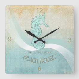 Strand-Haus-Seepferd-Aqua blaues ID623 Quadratische Wanduhr
