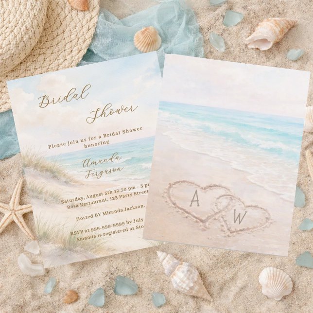 Strand Herzen Initialen Brautdusche Einladung (Von Creator hochgeladen)