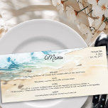 Strand Hochzeit Blue Ocean Coastal Thema Menükarte<br><div class="desc">Hochzeitsmenü zum Thema Strand mit individuellen Erinnerungsstücken. Das Design zeichnet sich durch die Aquarellszene eines herrlichen blauen Ozeans aus, der den Sand des schönen Strandes unter dem Sommerhimmel klopfen lässt. Moderne Schrift mit lässiger, handgeschriebener Schrift. Ideal für eine Hochzeit am Strand, Hochzeiten an der Küste, Hochzeiten im Sommer, Hochzeiten im...</div>