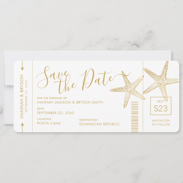 Strand-Hochzeit-Seestern-Boardingpass Save The Date (Vorderseite)