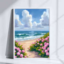 Strand in Blüte | Rosa Hortensie am Ozean Küste Poster
