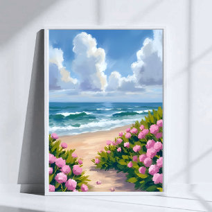 Strand in Blüte   Rosa Hortensie am Ozean Küste Poster