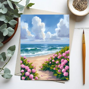 Strand in Blüte   Rosa Hortensie am Ozean Küste Postkarte