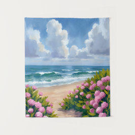 Strand in Blüte | Rosa Hortensie Oceanside Küste Wandteppich